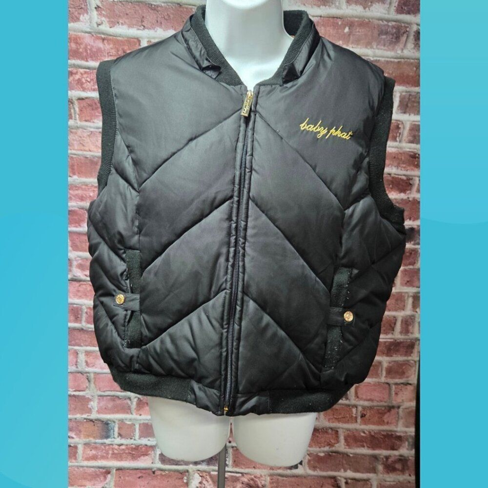 Baby Phat Y2K Black Puffer Vest 2XL Sleeveless Animal Print Lined Zip Up Vintage